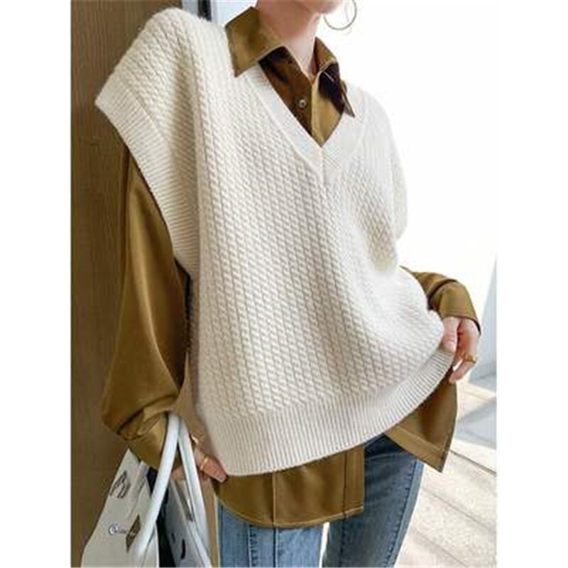 Rutet mønster strikket vest kvinder efterår vinter afslappet løs v-hals ærmeløs sweater pullover tyk vest