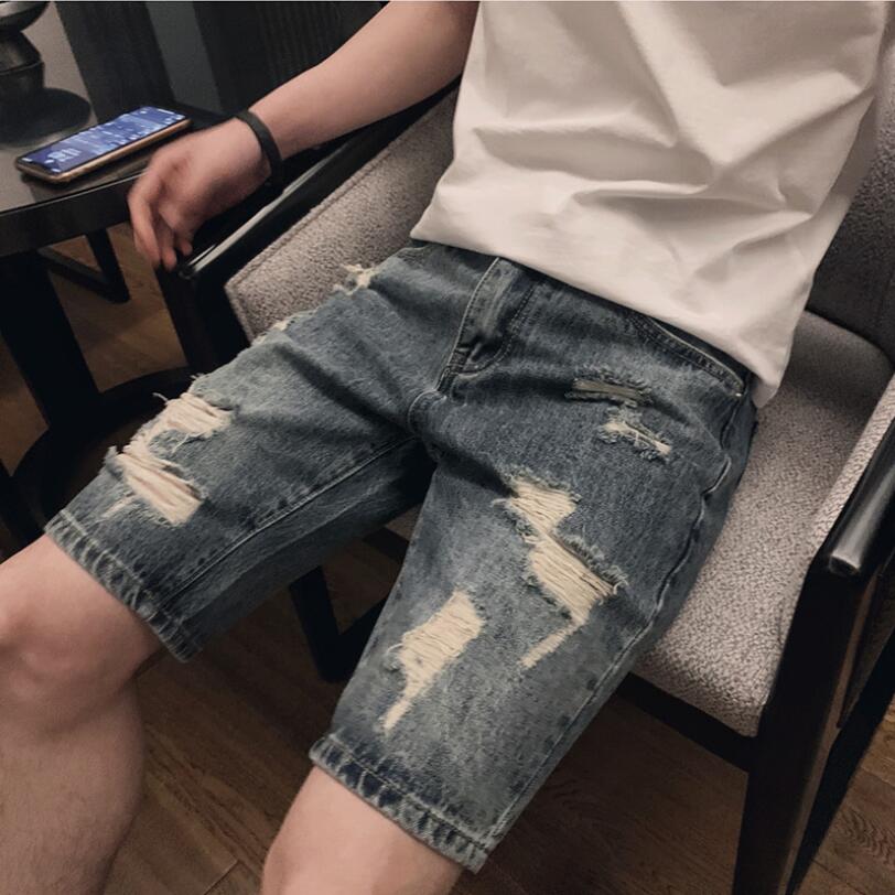 Pantalones cortos vaqueros ajustados para hombre, Shorts informales con agujeros hasta la rodilla, para verano, w1925,