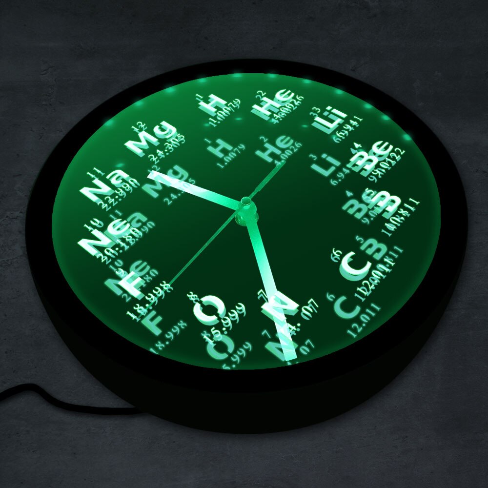 Reloj de pared con elementos químicos, con moderno reloj de pared, iluminación LED de ciencia, para estudiantes de ciencia y química