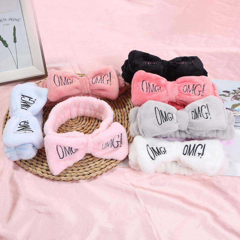 Soft OMG Letters Coral Fleece Wash Face Mix Color Bow Hair bands Clips For Women Girls Headbands Hair Styling Tool