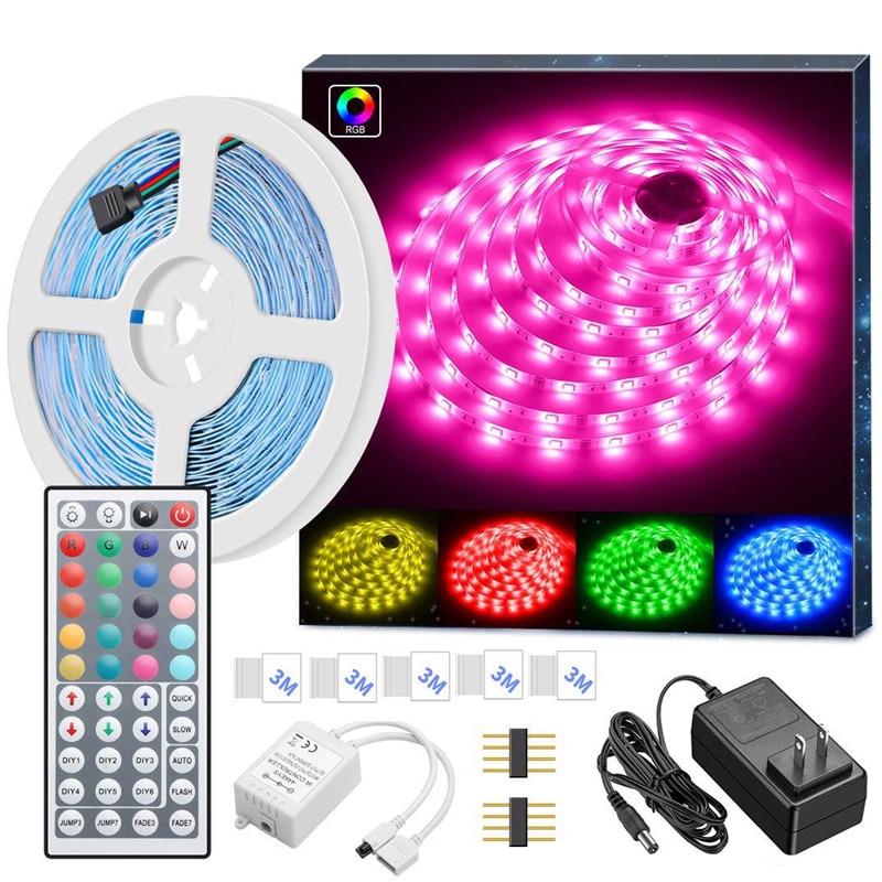 LED Strip Light Waterproof 16.4ft RGB LED Rope Lighting Full Kit with 44-keys IR Remote Controller Power Supply Home Bed Room