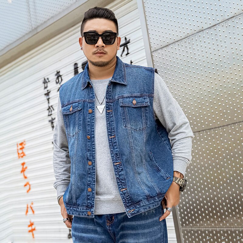 Denim Vest For Men Large Size M-6XL 7XL Men's Loose Denim Vest Men's Denim Jacket Gray Blue jacket