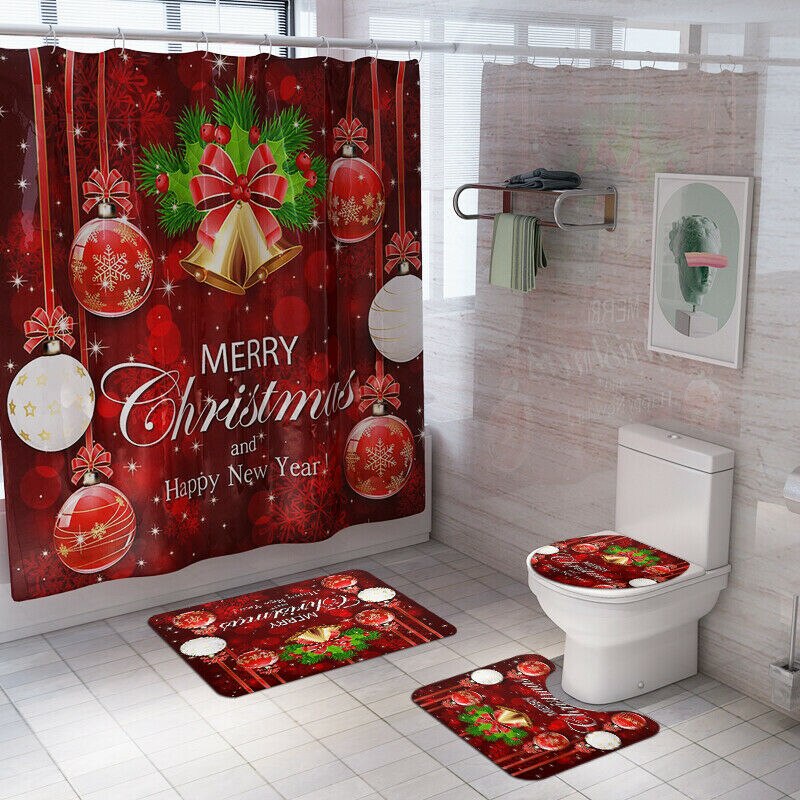 Christmas 4pcs Bathroom Shower Curtain Set Printed Santa Claus Bath Water Absorbing Toilet Polyester Cover Mat Home Decor