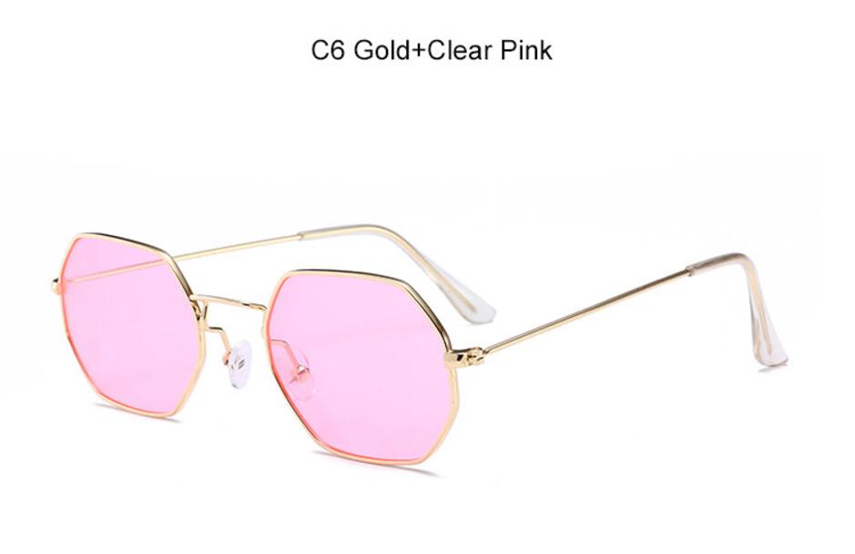 90's hexagon zonnebril vrouwen classic Platte Lens Clear Zonnebril mannen mannelijke retro kleine metalen frame zonnebril vierkante glazen: C6 Gold Pink