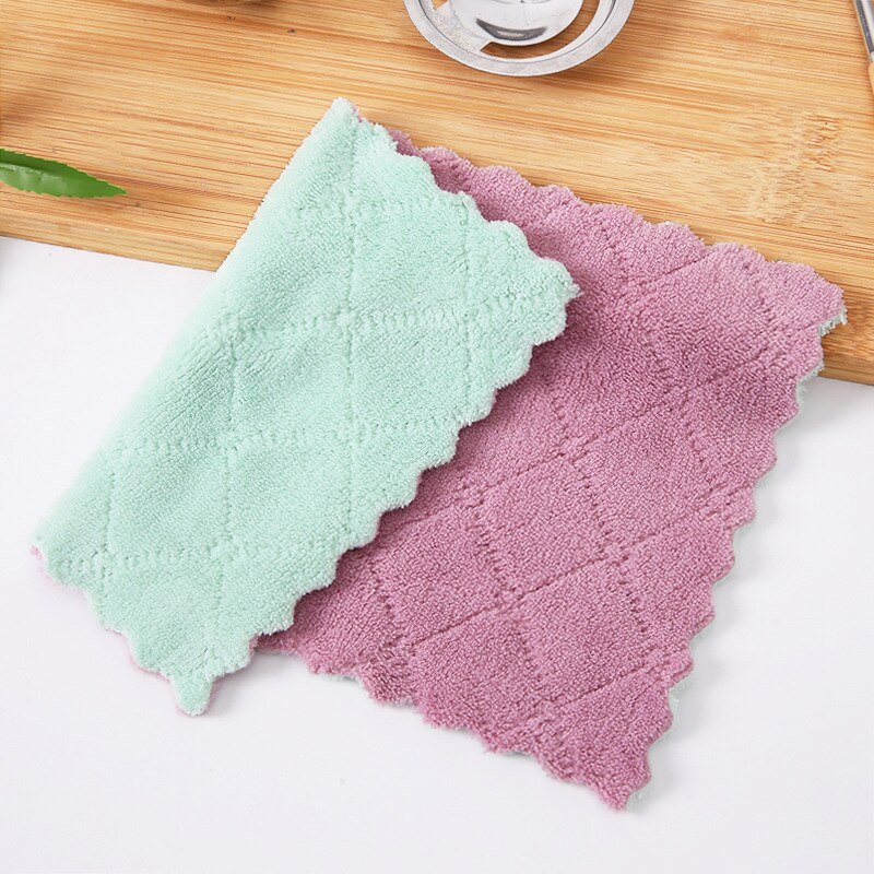 2 stk / lot klud rengøringsdug mikrofiber opvask håndklæder til opvask af køkkenudstyr absorberende opvaskeklud opvask køkkenredskab: Lilla grøn