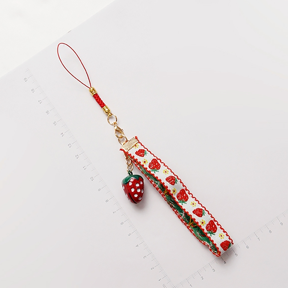 Cute Japansese phone Wrist Strap Lanyards for iPhone Samsung Strawberry Heart Bell Decor Mobile Phone Strap Rope Phone Charm