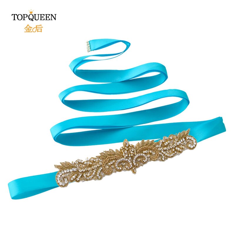 Topqueen  s375- g gull rhinestone midjebelte kvinner beaded bryllup belter india blonder brude sash belte gull belte for formell kjole: Blå