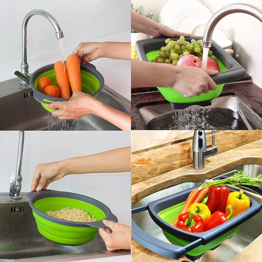3 stk foldbart dørslag frugtgrøntsag vaskekurv silfilter rengøringssæt silikone med håndtag køkkenredskaber