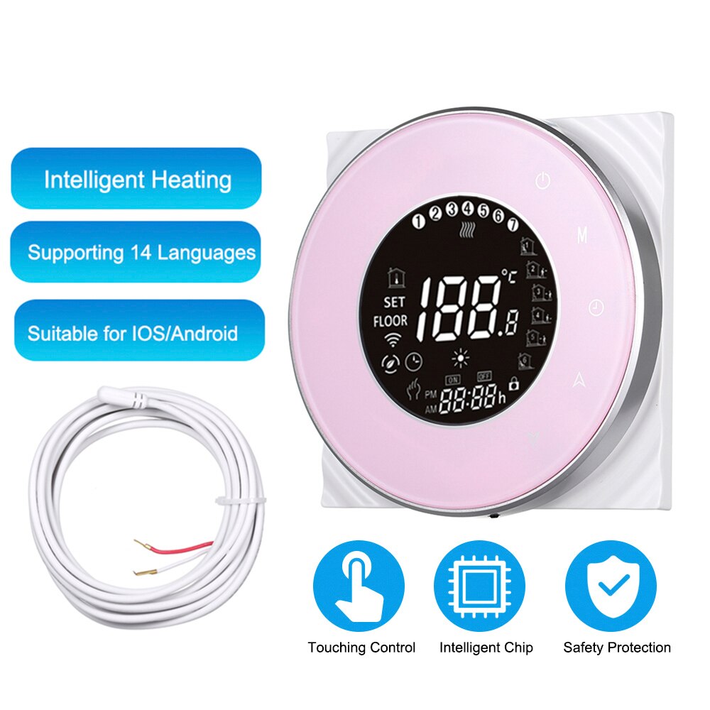 Smart Electric Heating Thermostat with Touchscreen LCD Display Weekly Programmable Room Temperature Controller 16A 95~240V GB: GB pink no WiFi