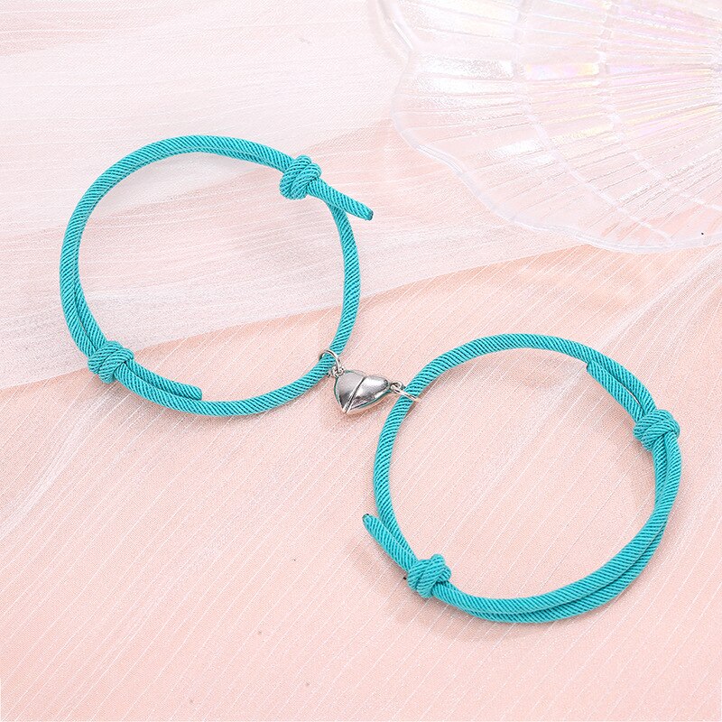 2Pcs/Set Minimalist Lovers Heart Matching Friendship Bracelet Rope Braided Couple Magnetic Distance Bracelet Kit Lover Jewelry: Lake Blue