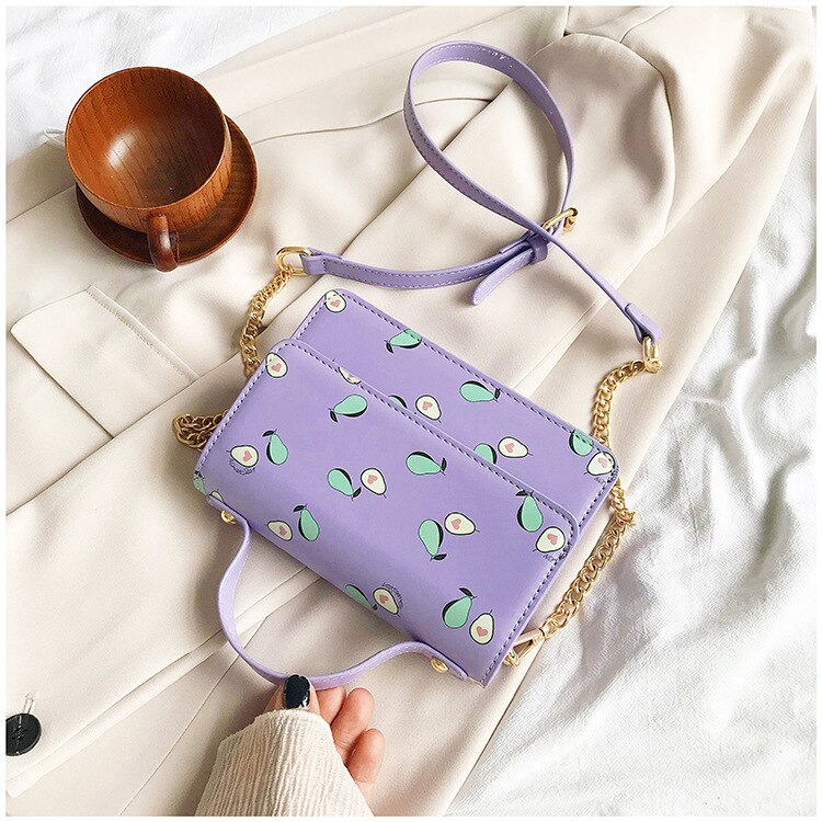 Bolso de verano con estampado de aguacate para mujer y niña, bolsas de mensajero de hombro con solapa, cadena cruzada: Púrpura