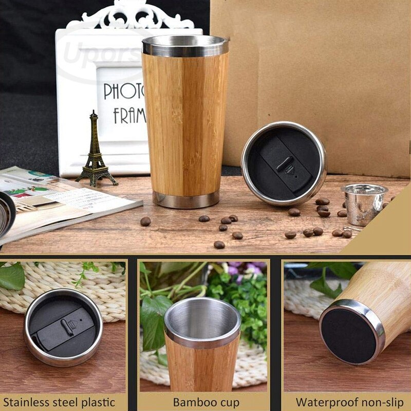 Kaffekop af bambus kaffekrus i rustfrit stål med lækagesikker betræk isoleret kaffe ledsagende kop genanvendelig kop