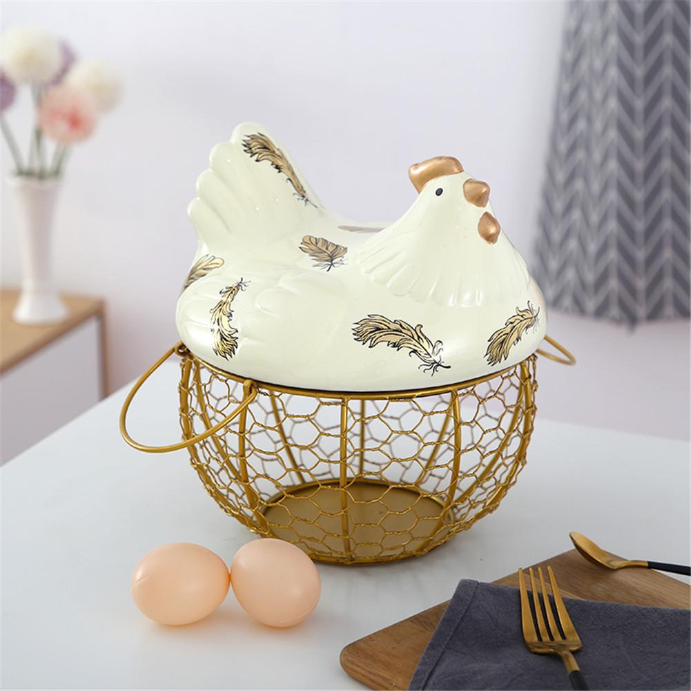 Country Farm Style Metal Wire Egg Storage Basket With Ceramic Chicken Top Handles Fruit Snacks Organizer Kitchen Decoration