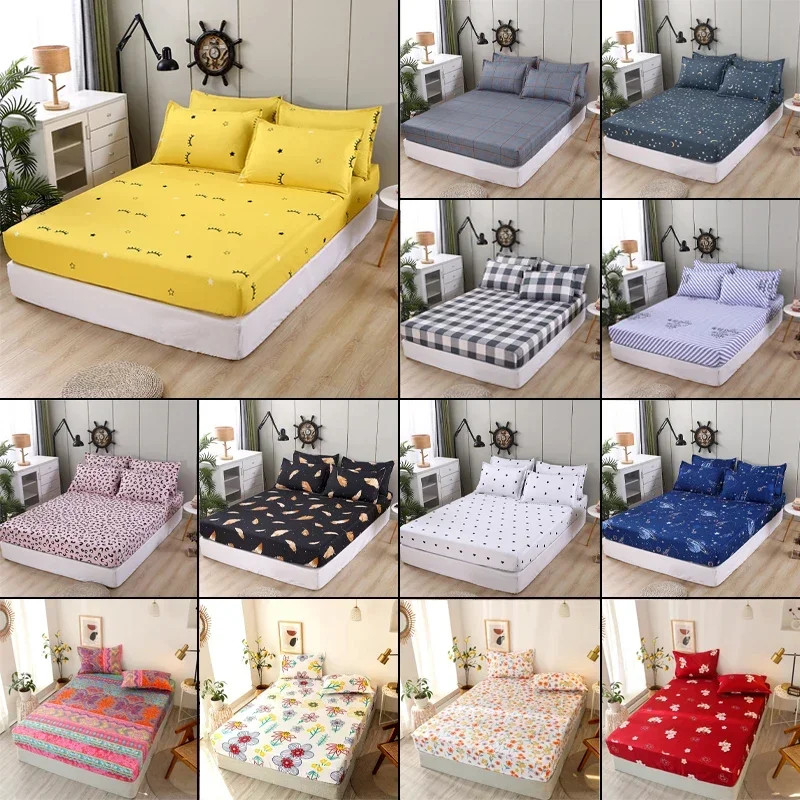 Polyester Print Fitted Sheet with Elastic Band Non Slip Mattress Cover Pillowcase for Single Double Bed 90/120/150/180cm