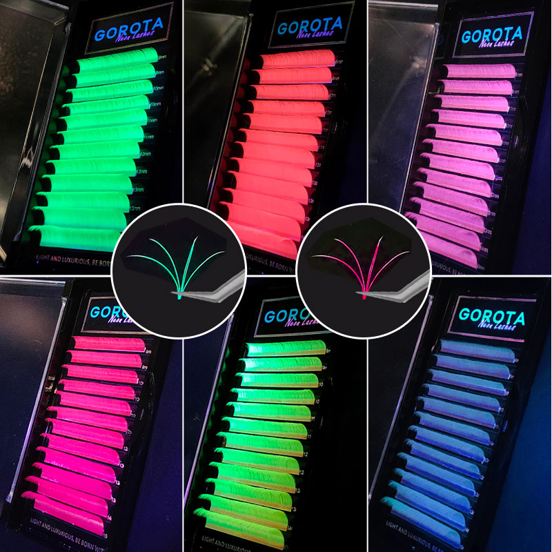 Auto Fanning Uv Neon Wimper Extension Fluorescerend Groen Geel Oranje Gekleurde Fan Wimpers Voor Nachtclub Party Glow In Dark
