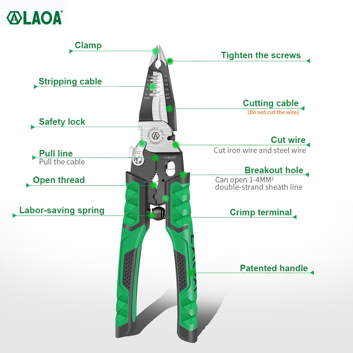 Laoa 9 in 1 elektriker tang multifunksjonell nesetang for wire stripping kabelkutter terminal krymping håndverktøy