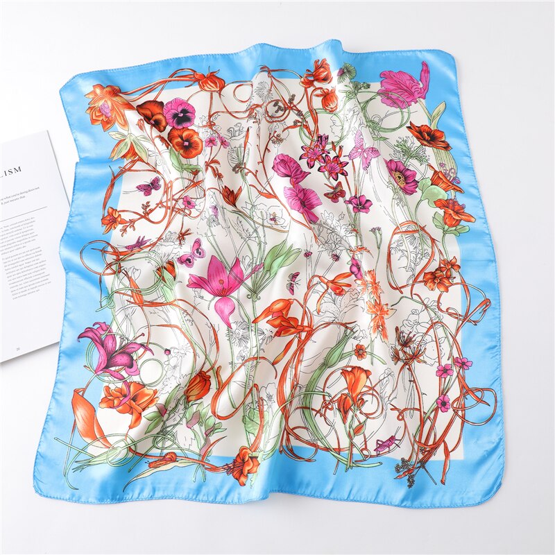 Femme Zijden Sjaal Tas Tie Haarband Foulard Kleine Zakdoek Elegante Bloemenprint Vrouwen Hoofdband Skinny Bandana