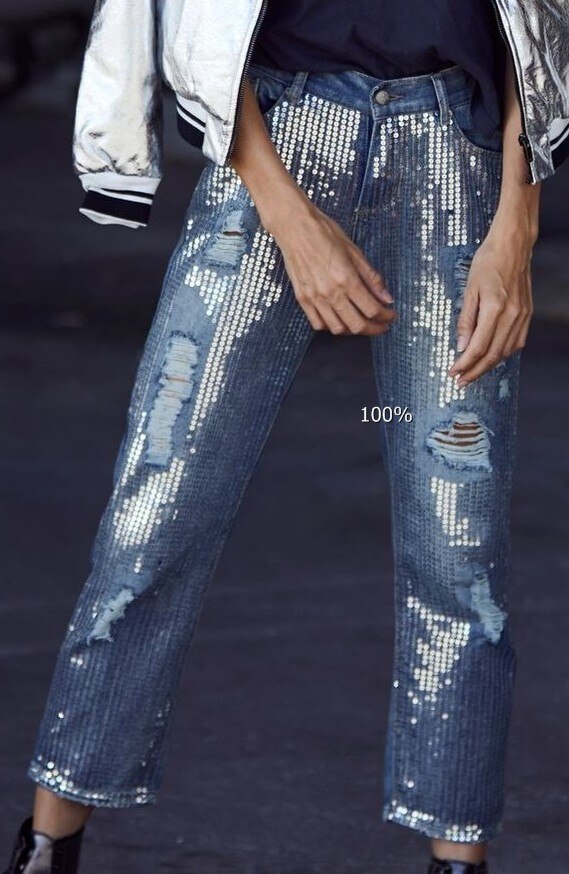Jean pailleté femme trou déchiré détruire jean pantalon