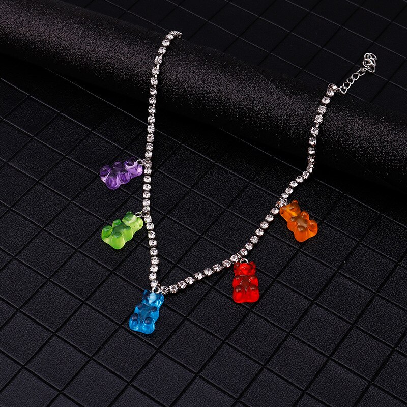 Diamanten Bezaaid Ketting Candy Kleur Mini Beer Ketting Vrouwen Leuke Cartoon Animal Hanger Sieraden