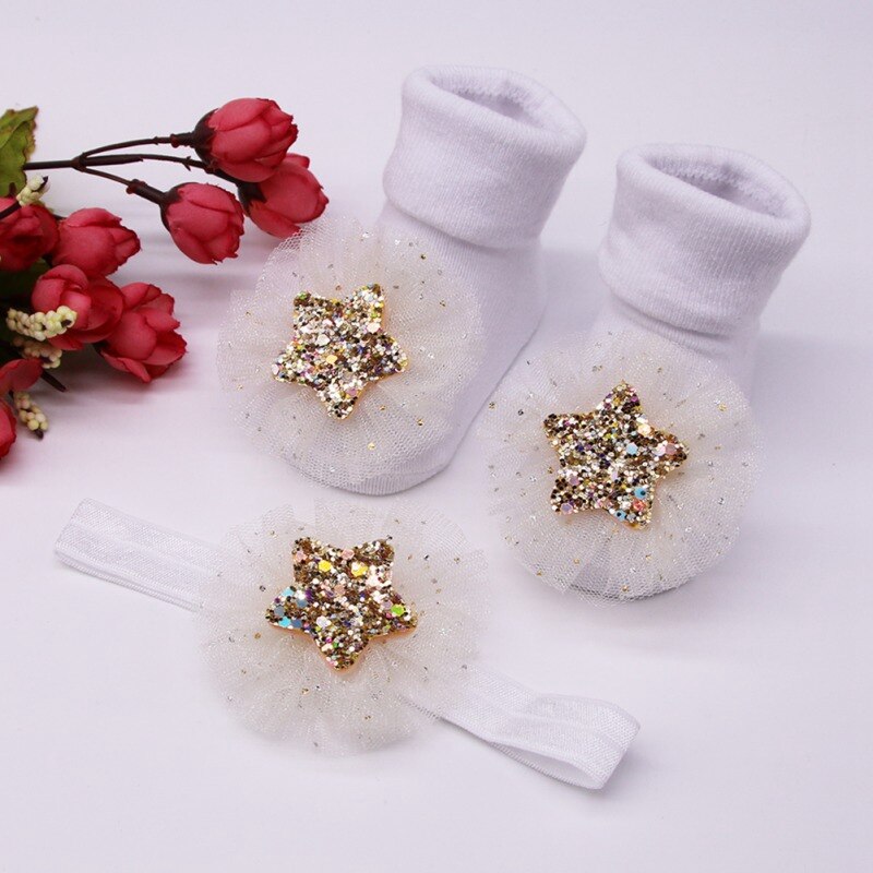 Newborn Baby Socks+1PC Hair Belt Toddler Girls Bow Wave Point Anti-slip Socks1
