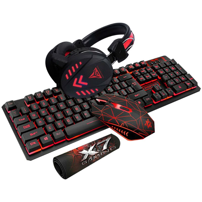 4Pcs/Set K59 Wired USB Keyboard Illuminated Gaming Mouse Pad Backlight Headset L4MD: Black Blue