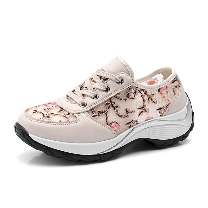 Mozbon Toning Shoes for Women - Height Increasing Wedge Sneakers - Lace Up Sport Shoes: Khaki / 35