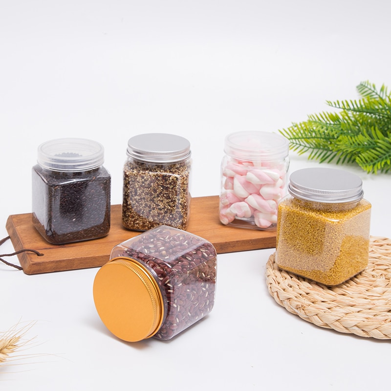 10pcs/lot 250ml Square Plastic Jar Plastic Storage Bottle For Food Candy Cookie Plastic Tube PET Bottle Gold Aluminum Lids