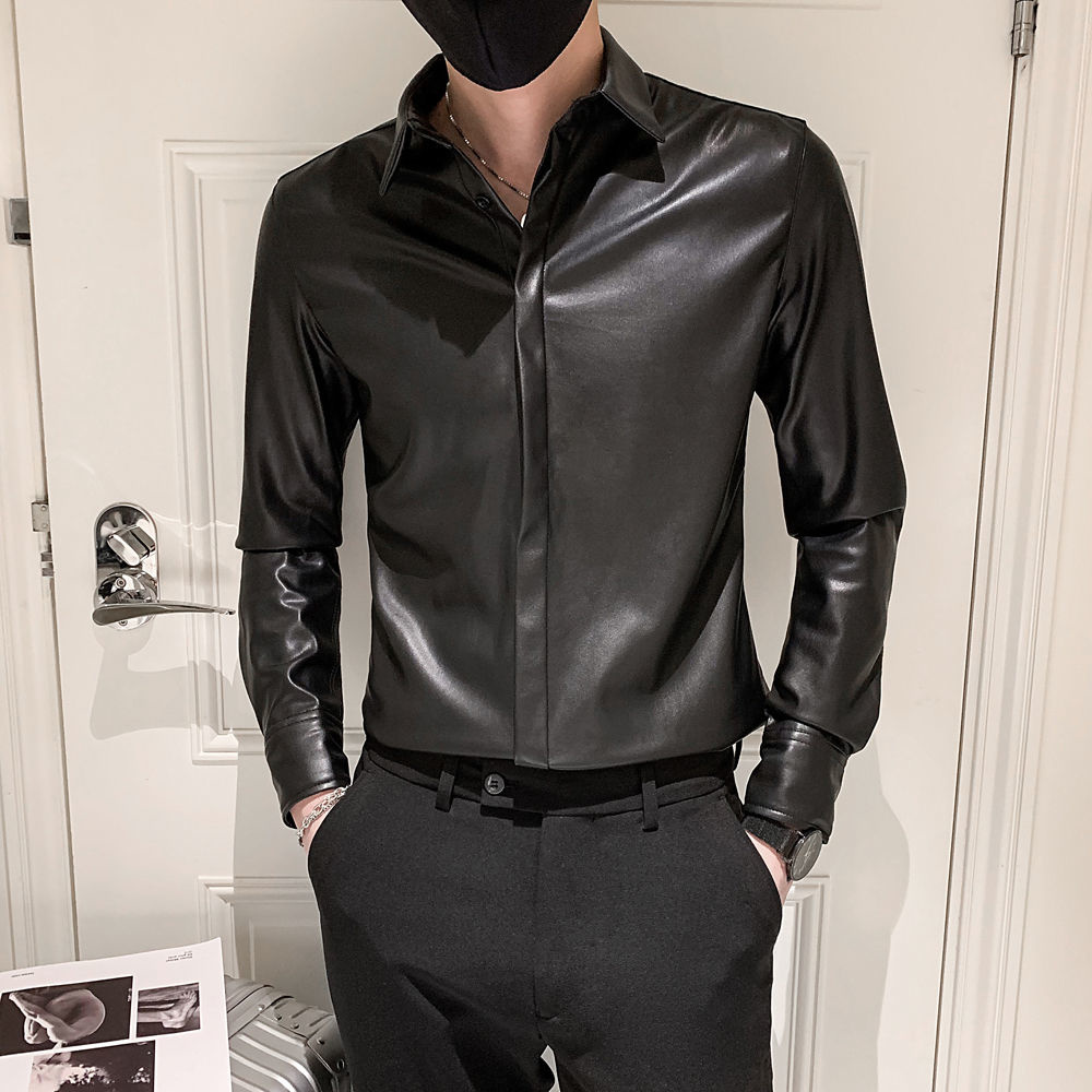 Efterår vinter herre & #39 ;s koreansk slim fit læder skjorte herre & #39 ;s camisa social masculina trend mærke sorte læder skjorter: Koreansk l
