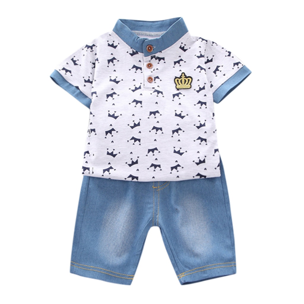 Peuter Baby Boy Zomer Shirt Kleding Pak Dinosaur Print Shirt Denim Shorts Kinderen Baby Jongens Kleding 20Jan: GY / 18m