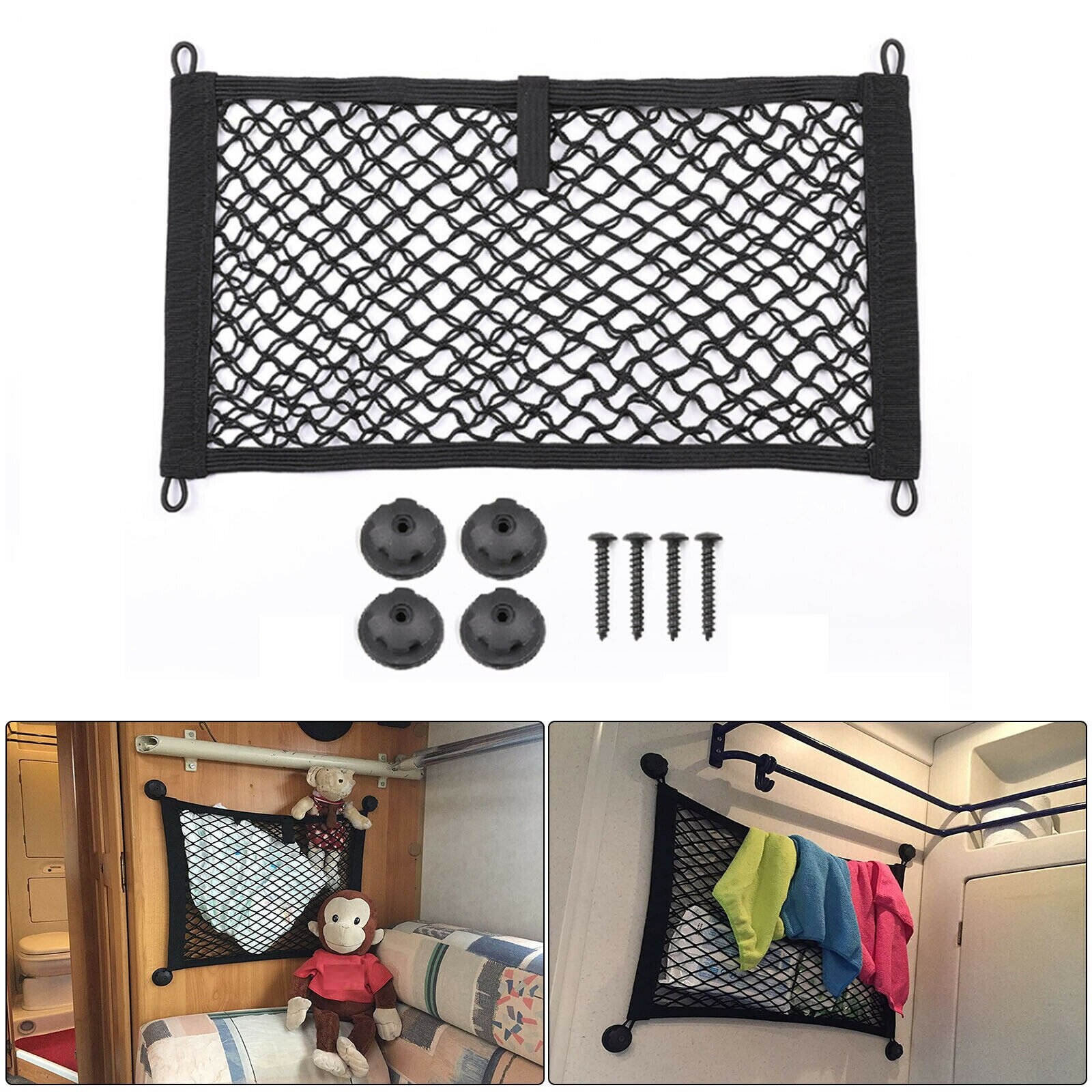 25*45cm Car Cargo Organizer Storage Elastic Mesh Net Holder 4-Hooks Parts For Caravan For Cargo Van For Magazines