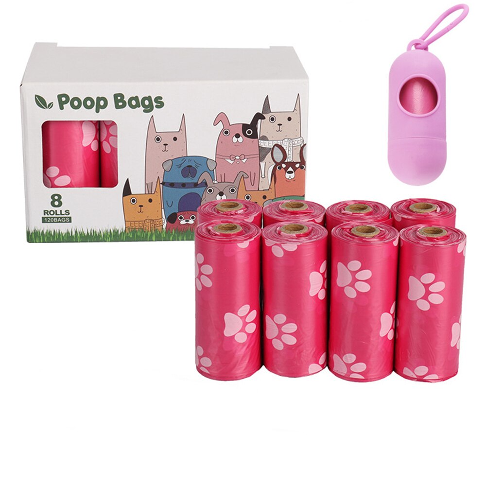 8 Rolls Pet Waste Bags Eco-Friendly Biodegradable Pet Toilet Litter Dog Poop Bag Contain Dispenser Puppy Supplies: Pink footprint