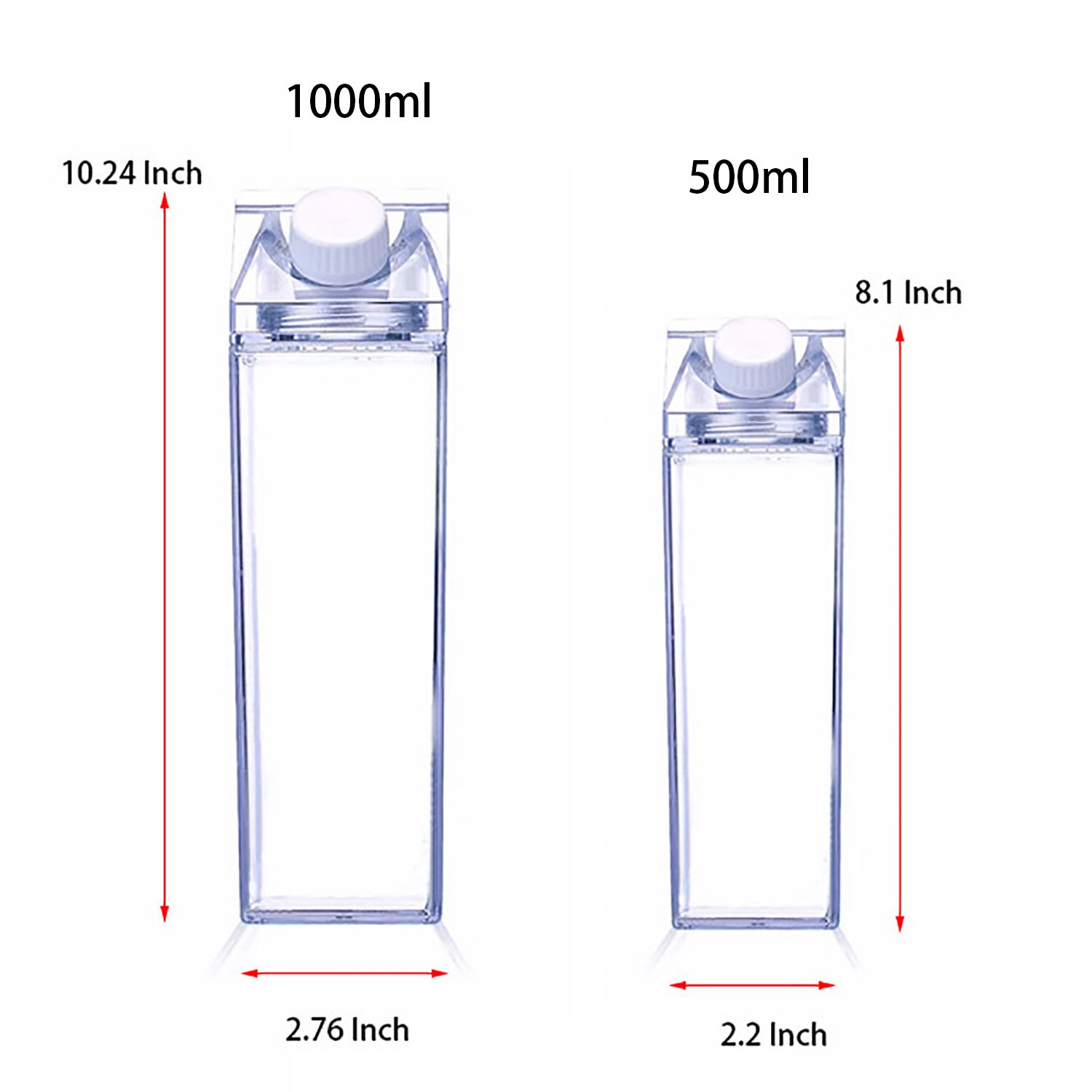 500ml/1000ml mælkekarton vandflaske, bpa fri plast bærbar gennemsigtig boks til juice med børste &amp; strå