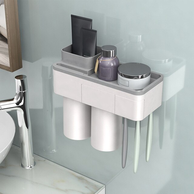 Toothbrush Holder Wall Mounted Automatic Toothpaste Dispenser Storage Rack Soft Toilet Brush Tissue Box Bathroom Accessories Set: Gray 2 Cups