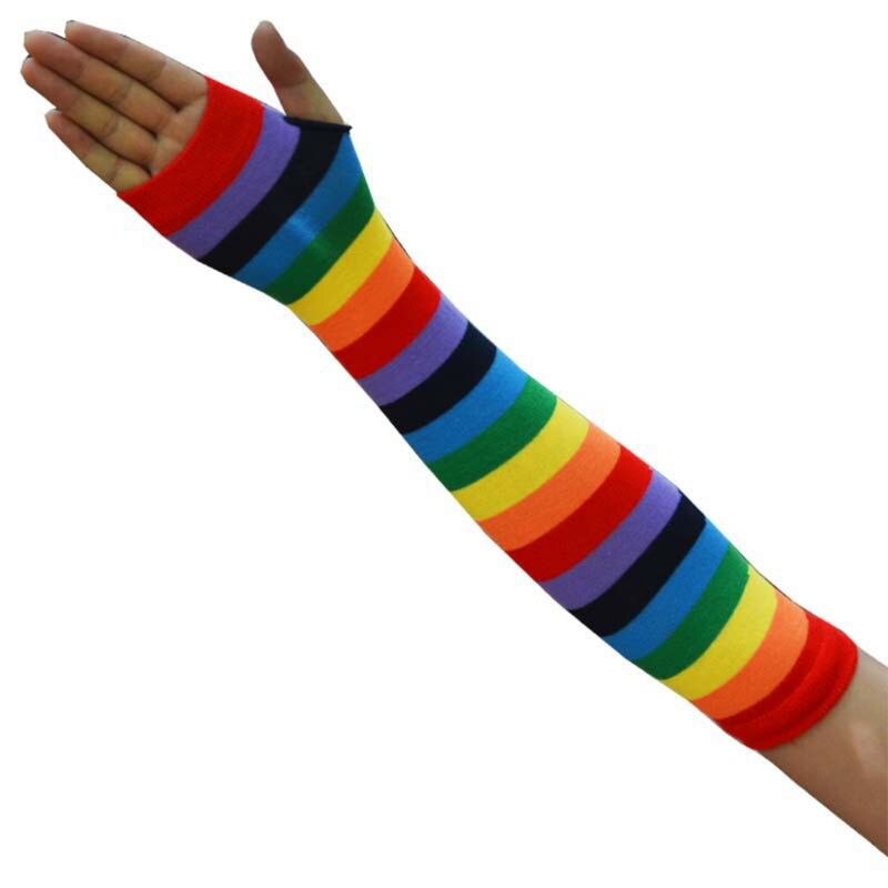 Women Girl Knitted Over Elbow Long Arm Warmers US Flag Rainbow Stripes Patchwork Fingerless Gloves with Thumb Hole Party Costume