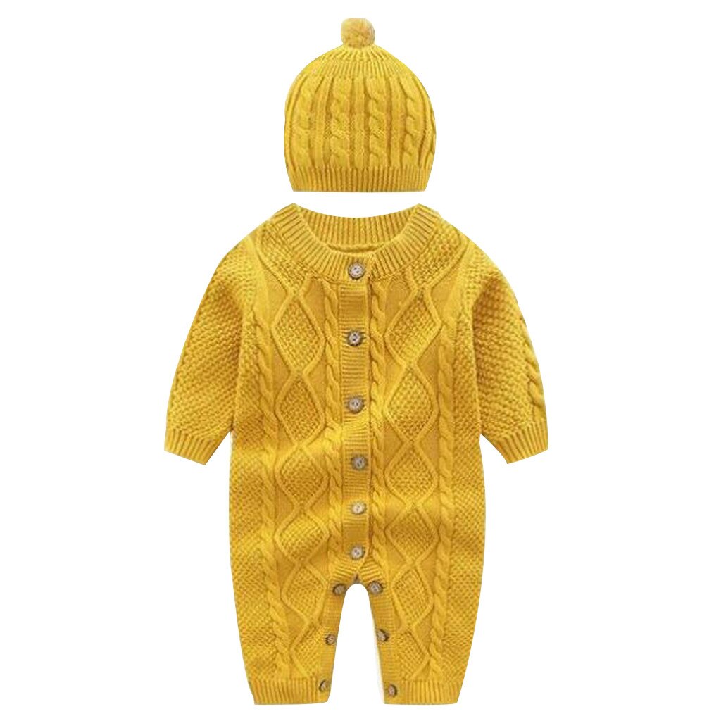 2 Pcs Infant Baby Mädchen Jungen Pullover Stricken Spielanzugoverall Häkeln Hüte Neue Geboren Jungen Kleidung Winter Baby Overall Romper kostüm: Yellow / 12m