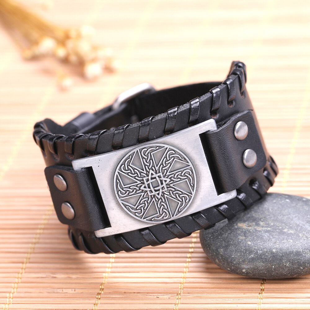Skyrim-pulsera de cuero eslava para hombre, anís estrellado, amuleto redondo cerrado, pulsera ancha trenzada, brazalete Vikingo, joyería Vintage