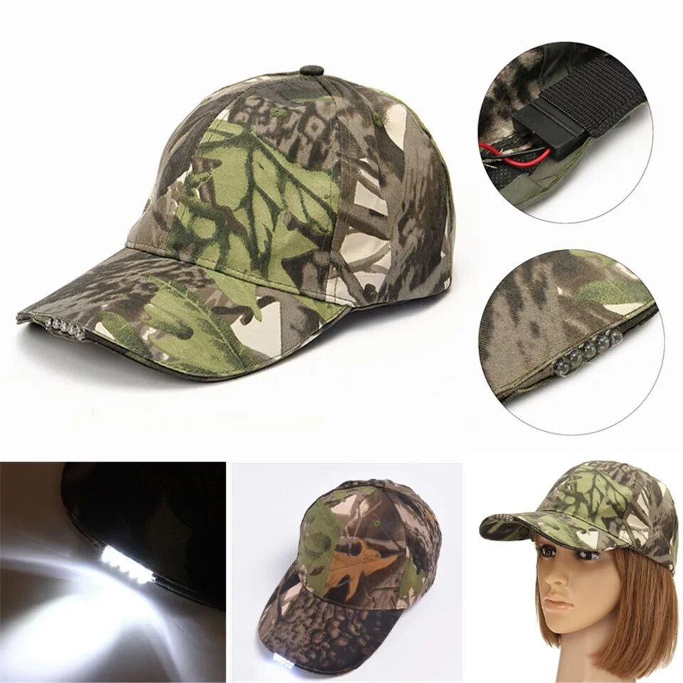 Faro LED gorra béisbol camuflaje pesca nocturna gorro exterior ligero gorro alpino lengua de pato montaña escalada Hip Hop Snapback