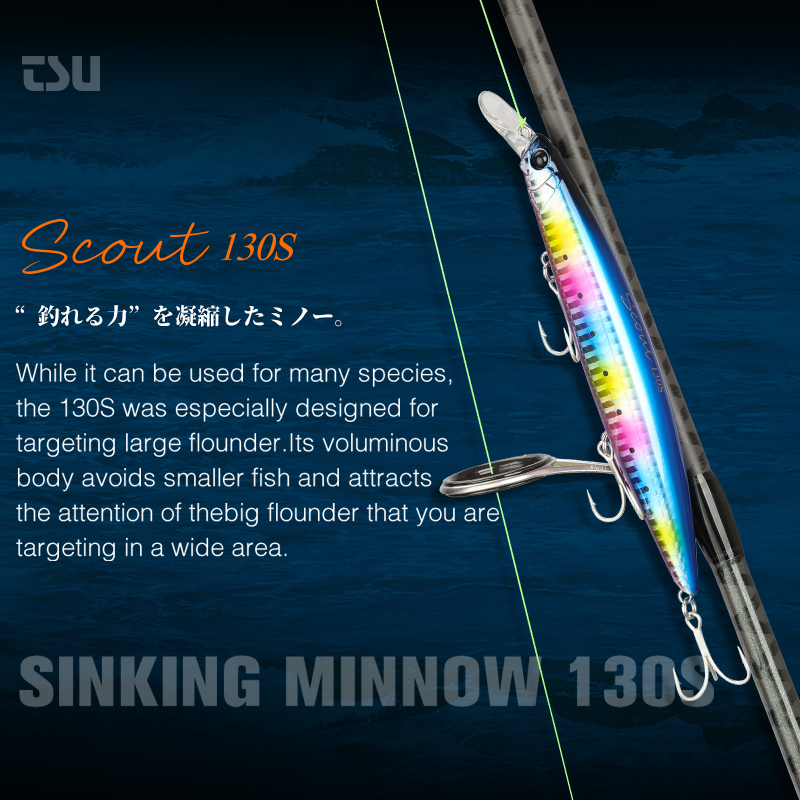TSURINOYA 130S-señuelo de pesca de pececillo que se hunde, SCOUT, 130mm, 24g, fundición larga, lengüeta de lubina, cebos duros artificiales grandes para pesca en el mar