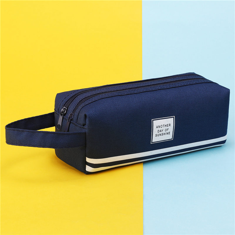 Estojo de lápis de lona de grande capacidade, estojo escolar duplo, bolsa de armazenamento de papelaria: Dark blue
