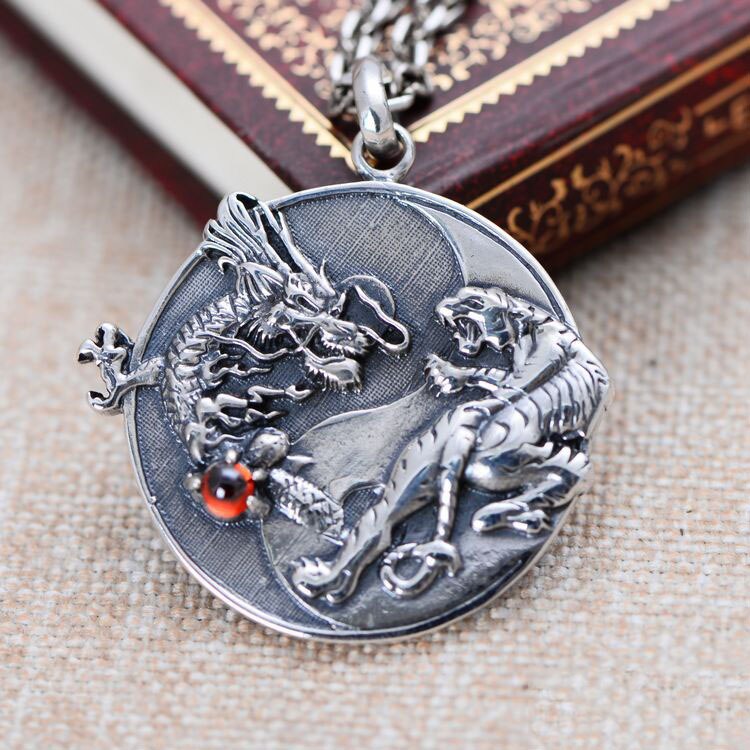 Collier pendentif Dragon tigre 100% argent 925 fait à la main, amulette 925 Sterling Fengshui Taichi Yinyang porte-bonheur