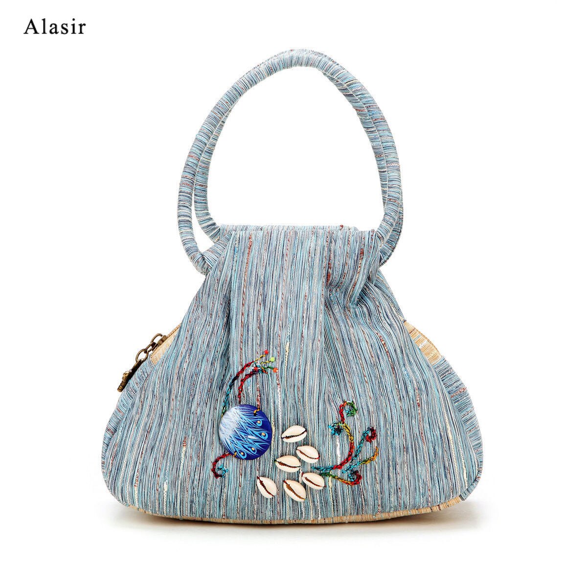Alasir vintage broderi påfugl mønster national stil damer lærred håndtasker retro kvindelig lille shell taske