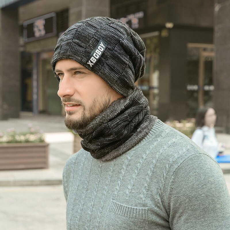 Ensemble de bonnets et écharpes en tricot pour hommes et femmes, couvre-chef avec doublure polaire épaisse pour le cou: black gray