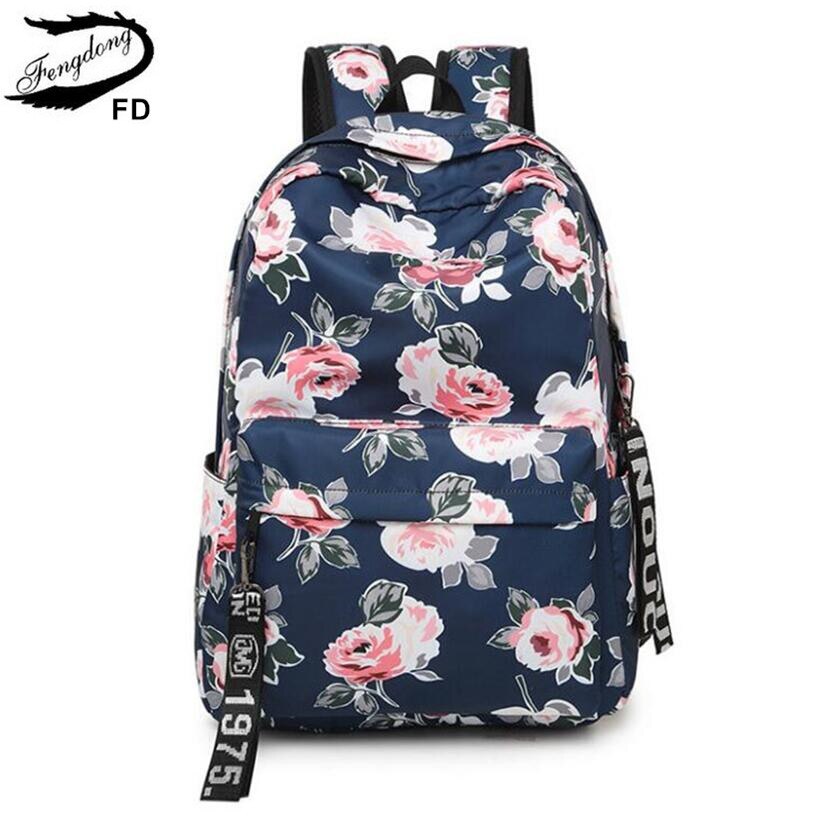 FengDong chinese style floral school backpack flowers backpacks for teenage girls school bags laptop computer bag schoolbag: dark blue