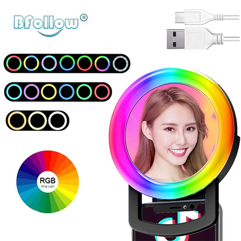 Bfollow – anneau lumineux LED 4.2 ", 15W, RGB, avec miroir de maquillage, pour Selfie, téléphone, appareil photo, tablette, ordinateur portable, vidéo