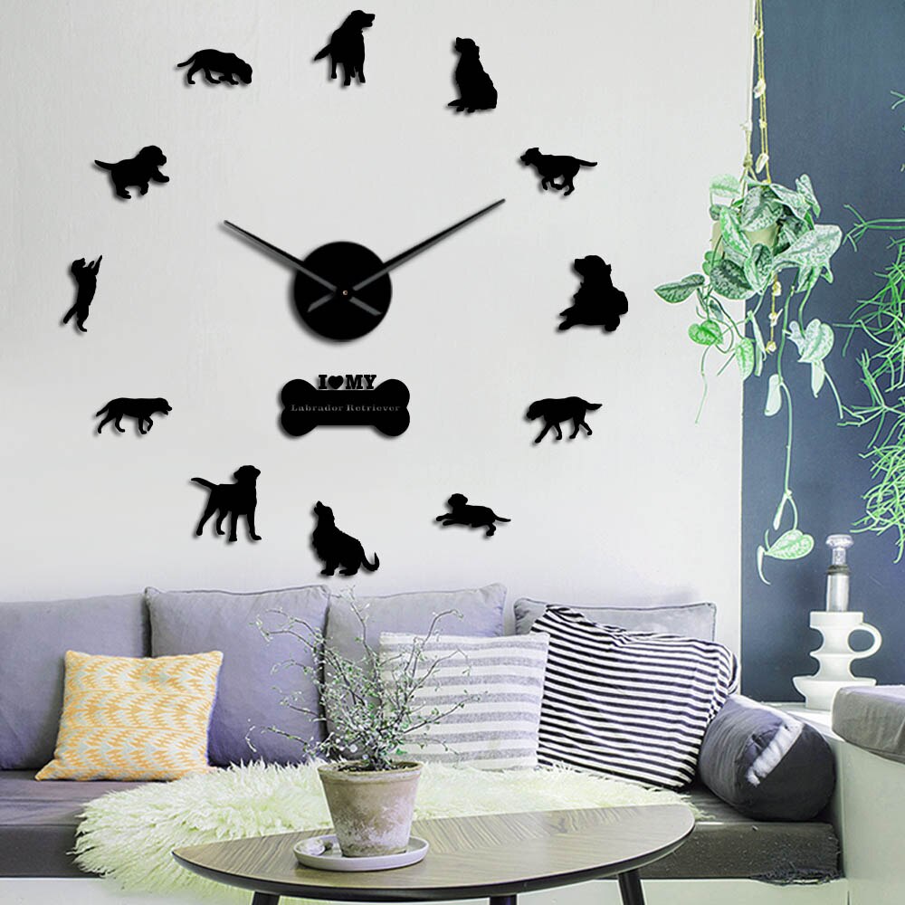 The Labrador Retriever Large Frameless Silent Wall Clock Dog Breed DIY Wall Art With Mirror Acylic Sticker Mirror Effect Sticker