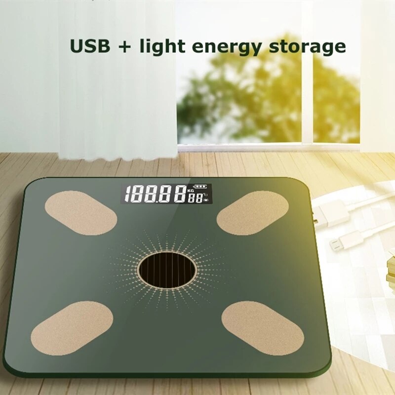 Nouvelle échelle de poids électronique Bluetooth Smart APP analyseur de mesure de graisse de santé humaine balance professionnelle de bio-impédance charge USB solaire