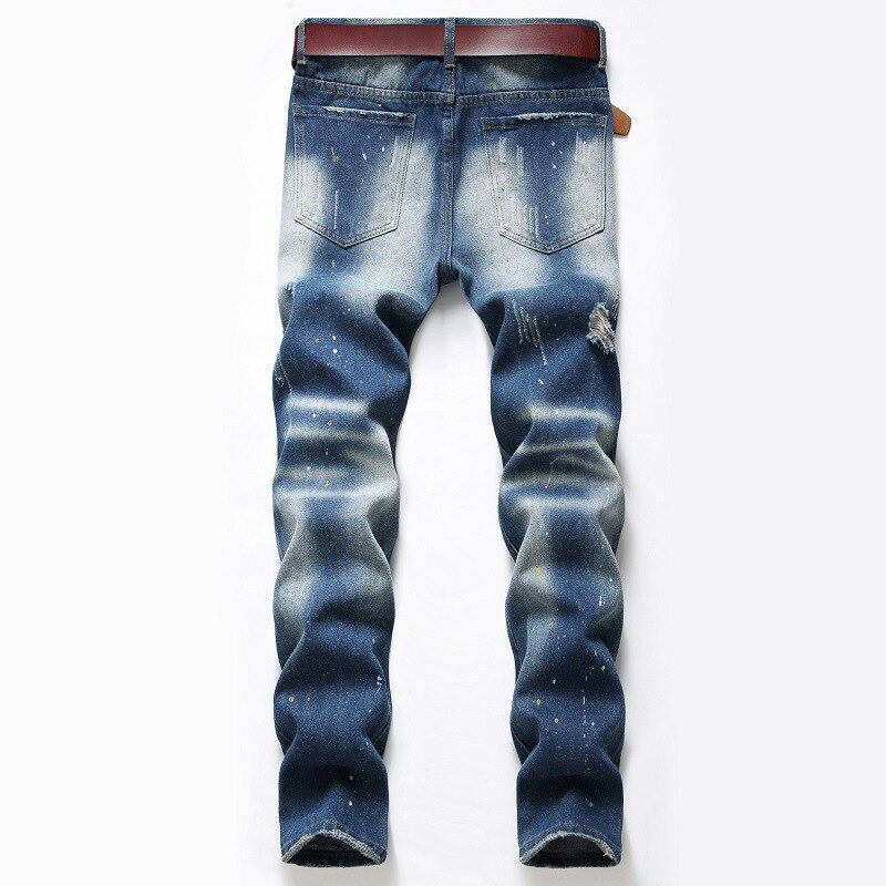 Blue Ripped Jeans Pants Streetwear Splash Ink Men Jeans Straight Slim Fit Casual Hole Jeans Brand Men's Denim Trousers