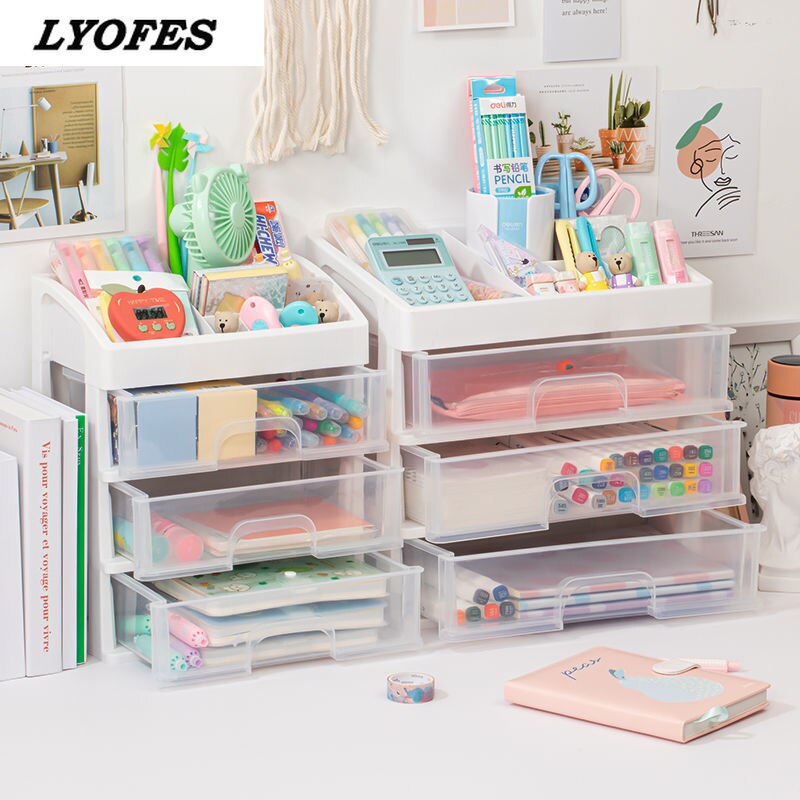 Organizador de escritorio de varios niveles, caja de almacenamiento de escritorio, pegatina gratis, escuela, transparente, accesorios de papelería