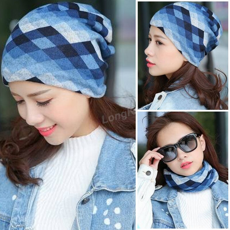 Long Keeper Women Knit Warm Hat Scarf Three Used Woman Flora Cap Beanie Skullies For Girl Autumn Caps Bonnet: blue STYLE 2