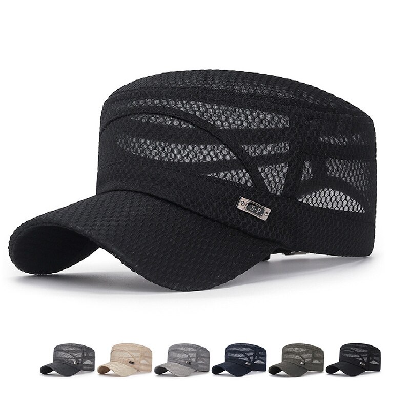 Unisex zomer platte pet dames heren ademend mesh hoed effen kleur buiten vissen sport zonnehoed casual zonnebrandcrème petten hoofdbedekking